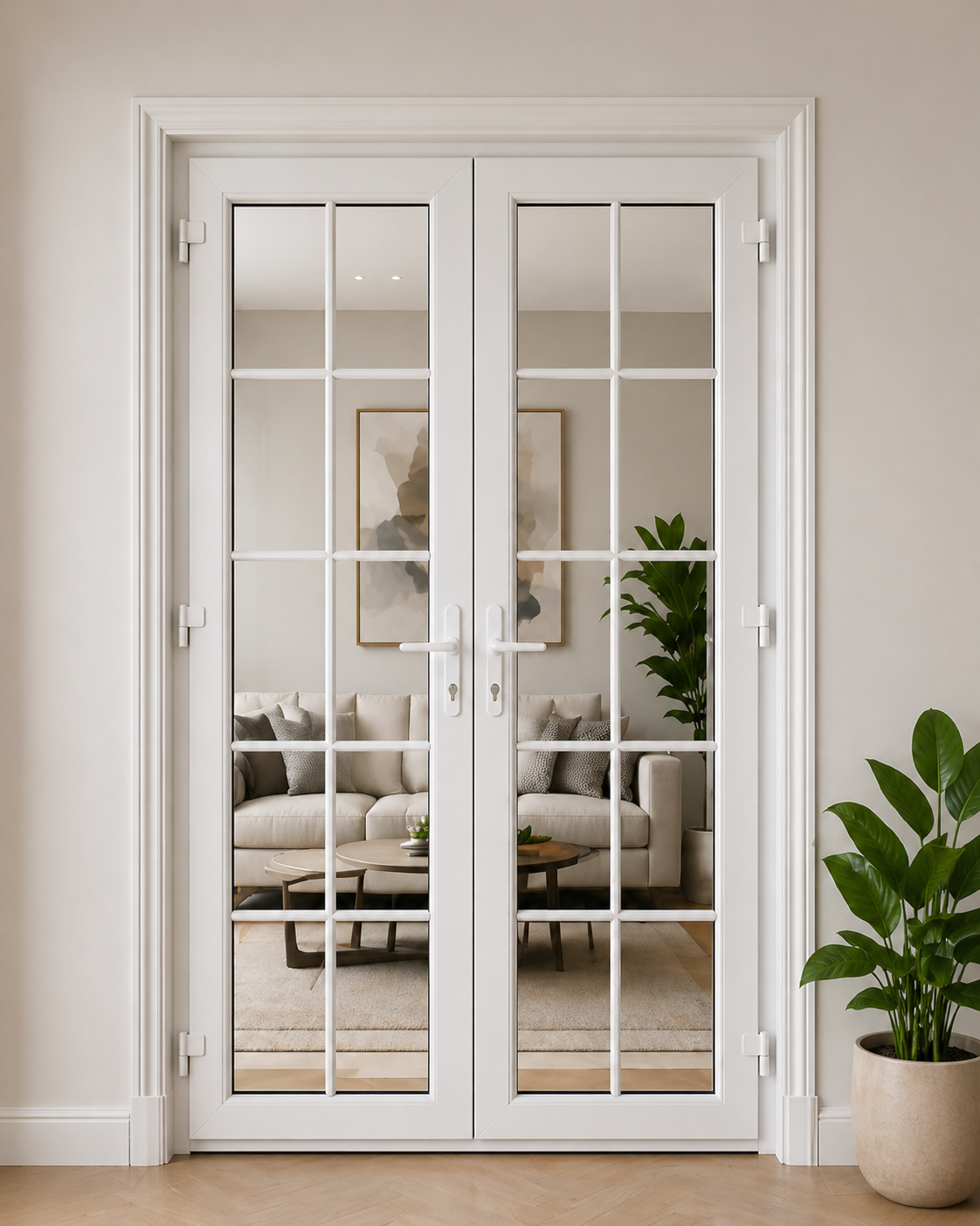 Elegant uPVC French doors in Coimbatore – double-panel glass design for dining rooms, gardens and luxury villas in Tamil Nadu